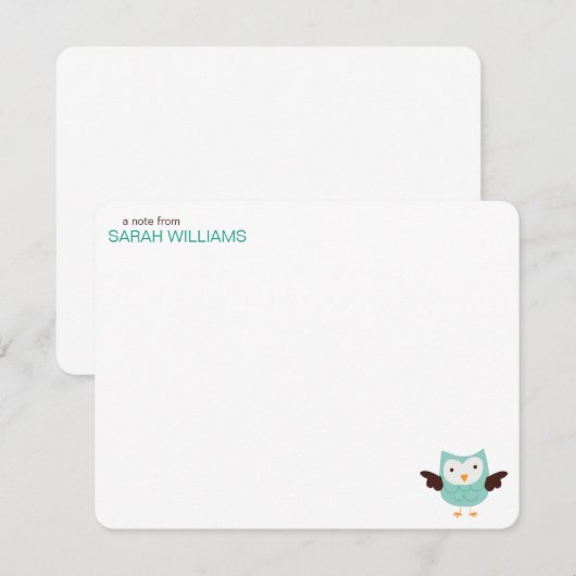 Mint Green Owl Kinder Dank u nota's Kaart (Voorkant / Achterkant)