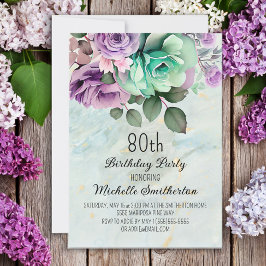 Mint Green Paars Floral Butterfly 80th Birthday Kaart