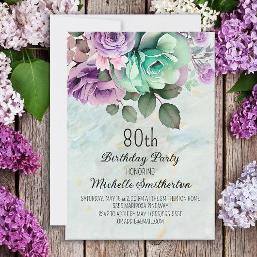 Mint Green Paars Floral Butterfly 80th Birthday Kaart