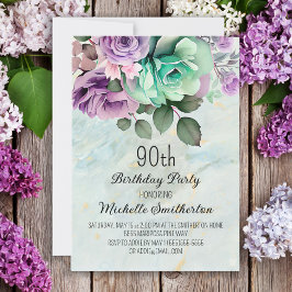 Mint Green Paars Floral Butterfly 90th Birthday Kaart