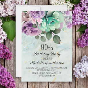 Mint Green Paars Floral Butterfly 90th Birthday Kaart
