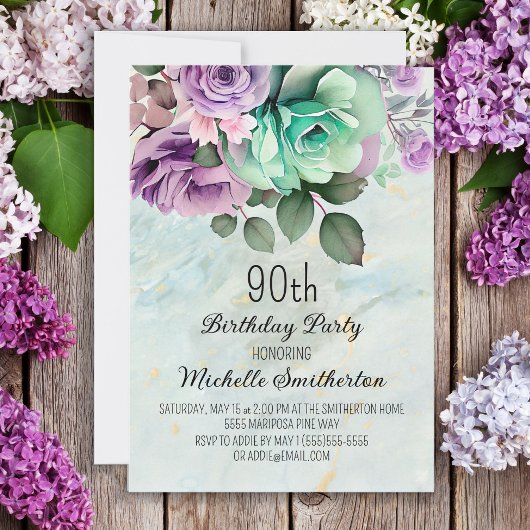 Mint Green Paars Floral Butterfly 90th Birthday Kaart