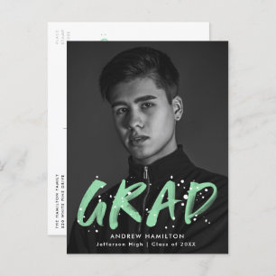Mint Green Paint Splatter Photo Graduparty Uitnodiging Briefkaart