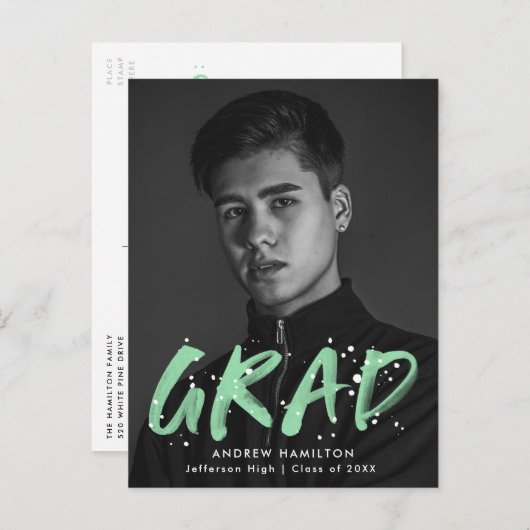 Mint Green Paint Splatter Photo Graduparty Uitnodiging Briefkaart (Voorkant / Achterkant)