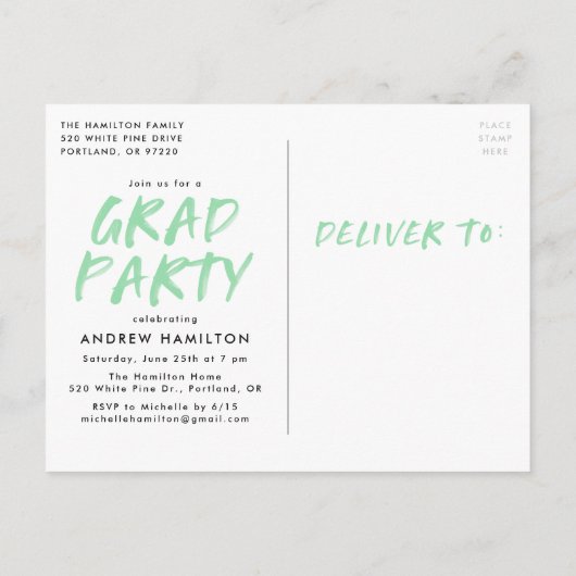 Mint Green Paint Splatter Photo Graduparty Uitnodiging Briefkaart (Achterkant)