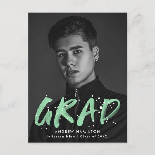 Mint Green Paint Splatter Photo Graduparty Uitnodiging Briefkaart (Voorkant)