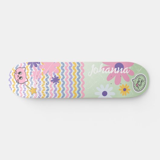 Mint Green Pastel Bloemen Gestreepte Girly Cat Mag Persoonlijk Skateboard (Horizontaal)