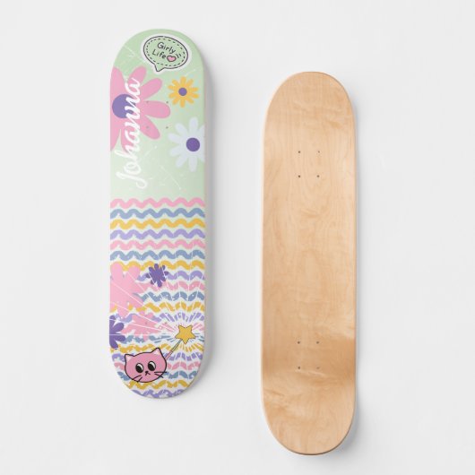 Mint Green Pastel Bloemen Gestreepte Girly Cat Mag Persoonlijk Skateboard (Voorkant)