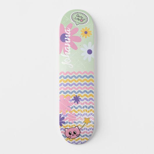 Mint Green Pastel Bloemen Gestreepte Girly Cat Mag Persoonlijk Skateboard (Voorkant)