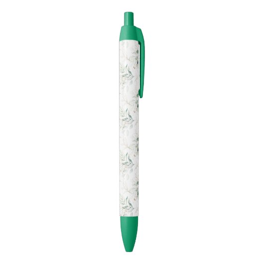 Mint Green Pastel Floral Greenery Pattern Zwarte Inkt Pen (Achterkant (Verticaal))