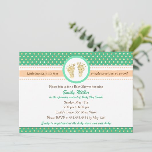 Mint Green Peach Baby shower Invitation Kaart (Staand voorkant)