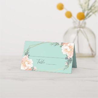 Mint Green Peach Floral Gold Geometric Wedding Plaatskaartje