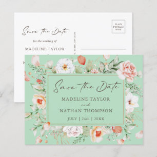 Mint Green & Peach Floral Save The Date Aankondigingskaart