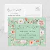 Mint Green & Peach Floral Save The Date Aankondigingskaart (Voorkant / Achterkant)