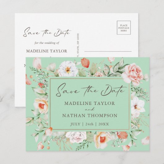 Mint Green & Peach Floral Save The Date Aankondigingskaart (Voorkant / Achterkant)