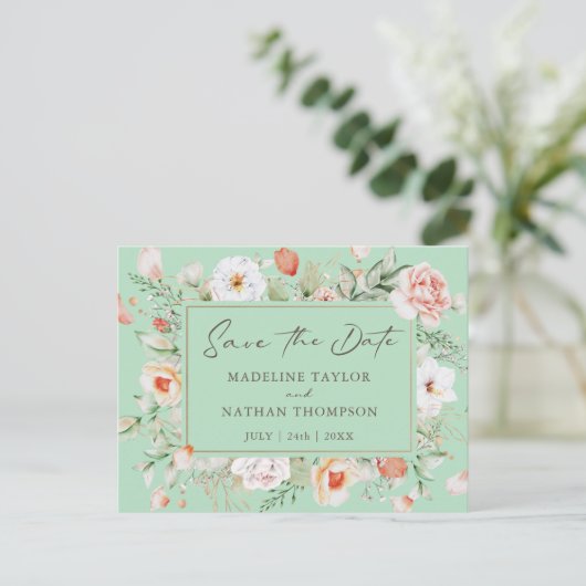 Mint Green & Peach Floral Save The Date Aankondigingskaart (Staand voorkant)