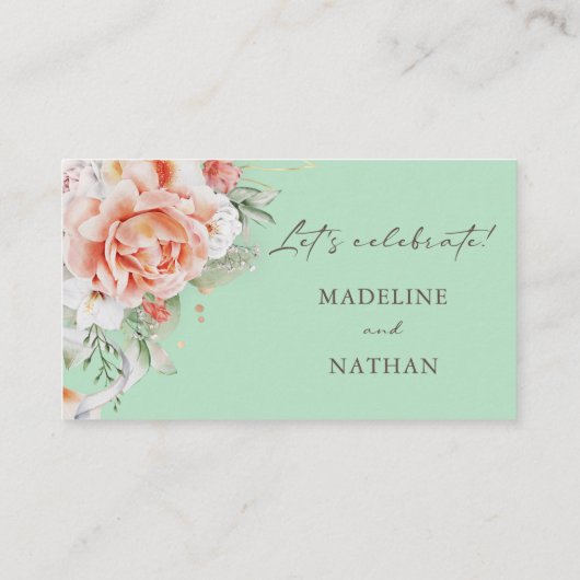 Mint Green & Peach Floral Wedding Flat Place Kaart Plaatskaartje (Achterkant)