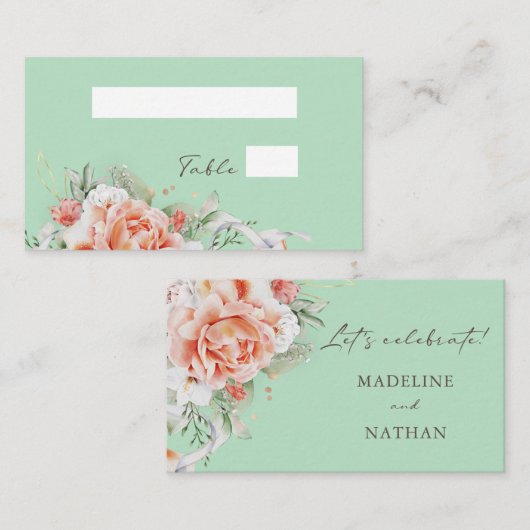 Mint Green & Peach Floral Wedding Flat Place Kaart Plaatskaartje (Voorkant / Achterkant)