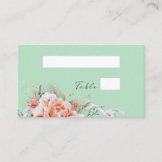 Mint Green & Peach Floral Wedding Flat Place Kaart Plaatskaartje (Voorkant)