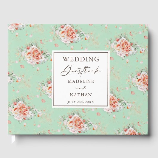 Mint Green & Peach Floral Wedding Guest Book Gastenboek (Voorkant)