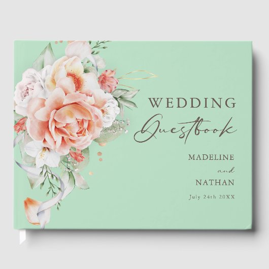 Mint Green & Peach Floral Wedding Guest Book Gastenboek (Voorkant)