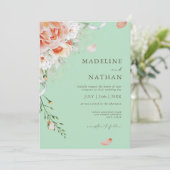 Mint Green & Peach Floral Wedding Invitation Kaart (Staand voorkant)
