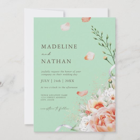 Mint Green & Peach Floral Wedding Invitation Kaart (Voorkant)
