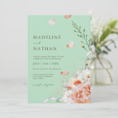 Mint Green & Peach Floral Wedding Invitation Kaart (Staand voorkant)