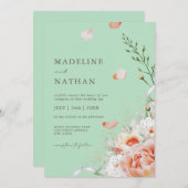 Mint Green & Peach Floral Wedding Invitation Kaart (Voorkant / Achterkant)