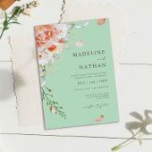 Mint Green & Peach Floral Wedding Invitation Kaart