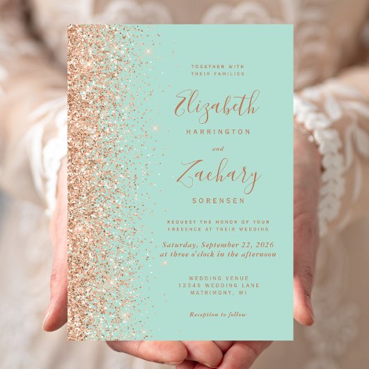 Mint Green Peach Glitter Wedding Kaart