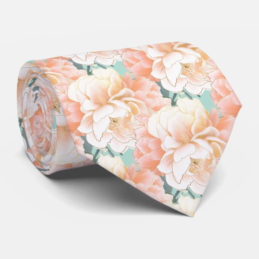 Mint Green Peony Floral Pattern Wedding Stropdas (Opgerold)