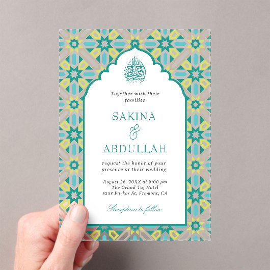 Mint Green Persian Mosaic Muslim Wedding Acryl Uitnodigingen (Insitu (Draagbaar))