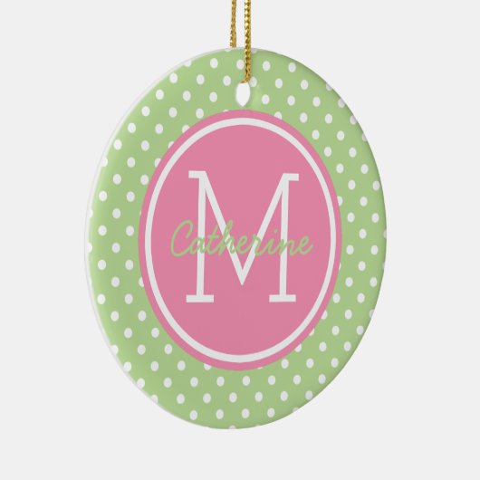 Mint Green Pink and White Polka Dot Monogram Keramisch Ornament (Rechts)
