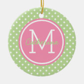 Mint Green Pink and White Polka Dot Monogram Keramisch Ornament (Voorkant)