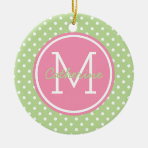 Mint Green Pink and White Polka Dot Monogram Keramisch Ornament