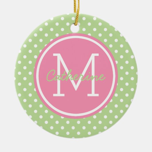 Mint Green Pink and White Polka Dot Monogram Keramisch Ornament (Voorkant)