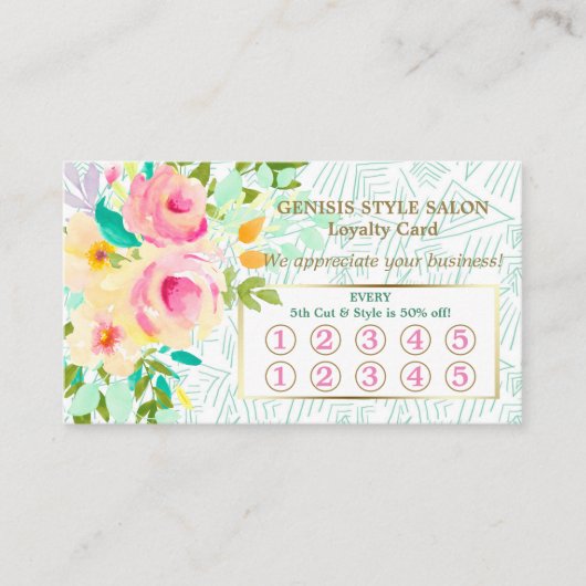Mint Green Pink Floral Beauty Salon Loyalty Card (Voorkant)