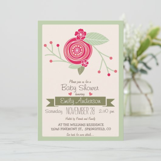 Mint Green & Pink Floral, f Baby shower Uitnodigin Kaart (Staand voorkant)