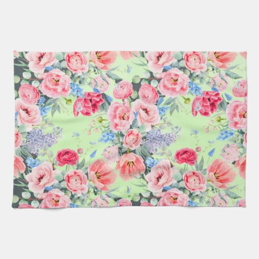 Mint Green Pink Floral Kitchen Towel Theedoek (Horizontaal)