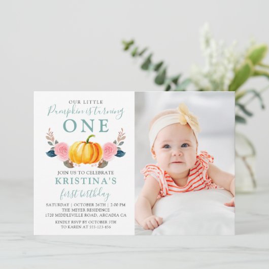 Mint Green Pink Floral Pumpkin Foto van 1 januari Kaart (Staand voorkant)