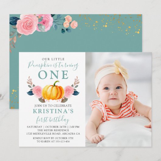 Mint Green Pink Floral Pumpkin Foto van 1 januari Kaart (Voorkant / Achterkant)