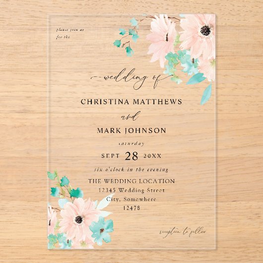Mint Green & Pink Floral Wedding Acryl Uitnodigingen (Voorkant)