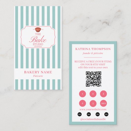Mint Green Pink Stripes Bakery Logo Loyalty Punch Visitekaartje (Voorkant / Achterkant)