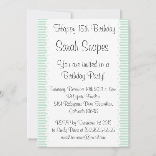 Mint Green Pinstripes Birthday Party Invitation Kaart (Voorkant)