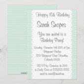 Mint Green Pinstripes Birthday Party Invitation Kaart (Voorkant / Achterkant)