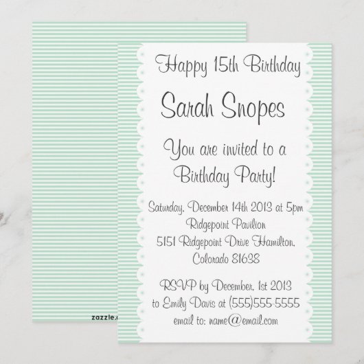 Mint Green Pinstripes Birthday Party Invitation Kaart (Voorkant / Achterkant)
