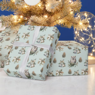 Mint Green Poinsettia Kerstbloemen Uilen klokken Cadeaupapier