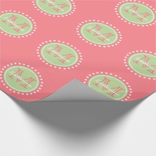 Mint Green Polka Dot Monogram op koraalroze Cadeaupapier