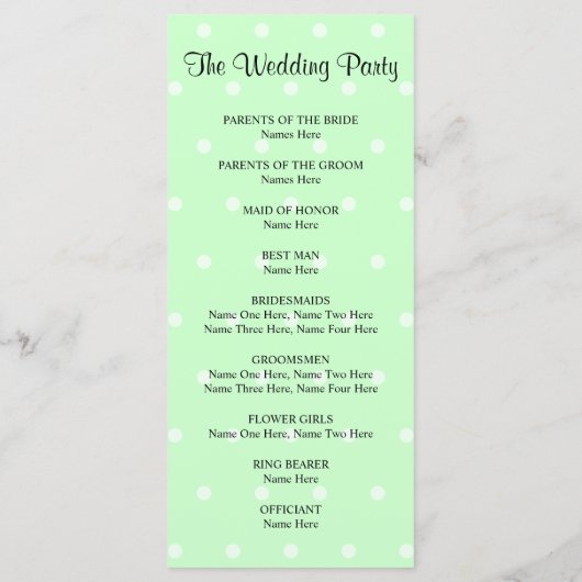 Mint Green Polka dot patroon. Trouwprogramma Programmakaart (Achterkant)
